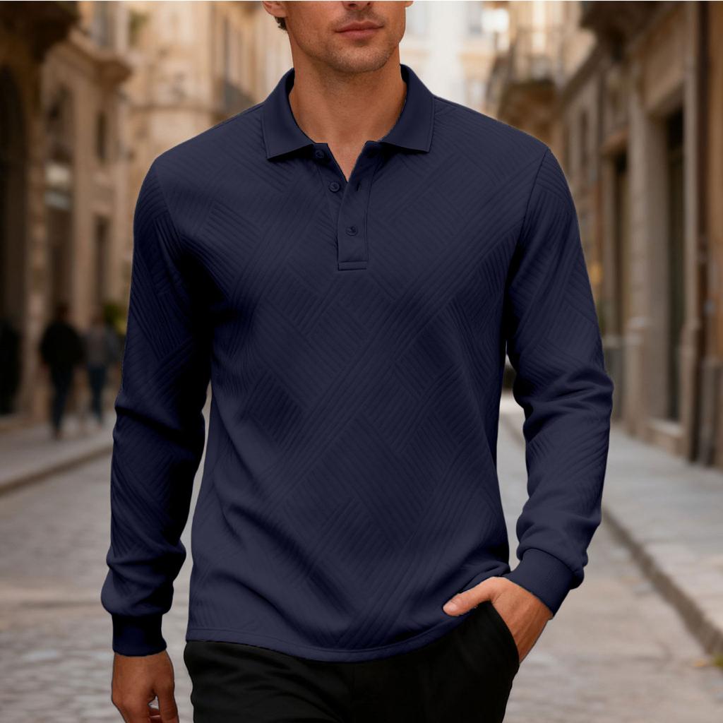 New Men's Solid-Colour Relaxed-Fit Casual Polo Shirt Long-Sleeved Button-Down Collar Jacquard Textured Sweatshirt