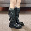 Retro round head versatile thick-soled knight boots femininity Maillard belt buckle heightened thick heel big tube circumference boots