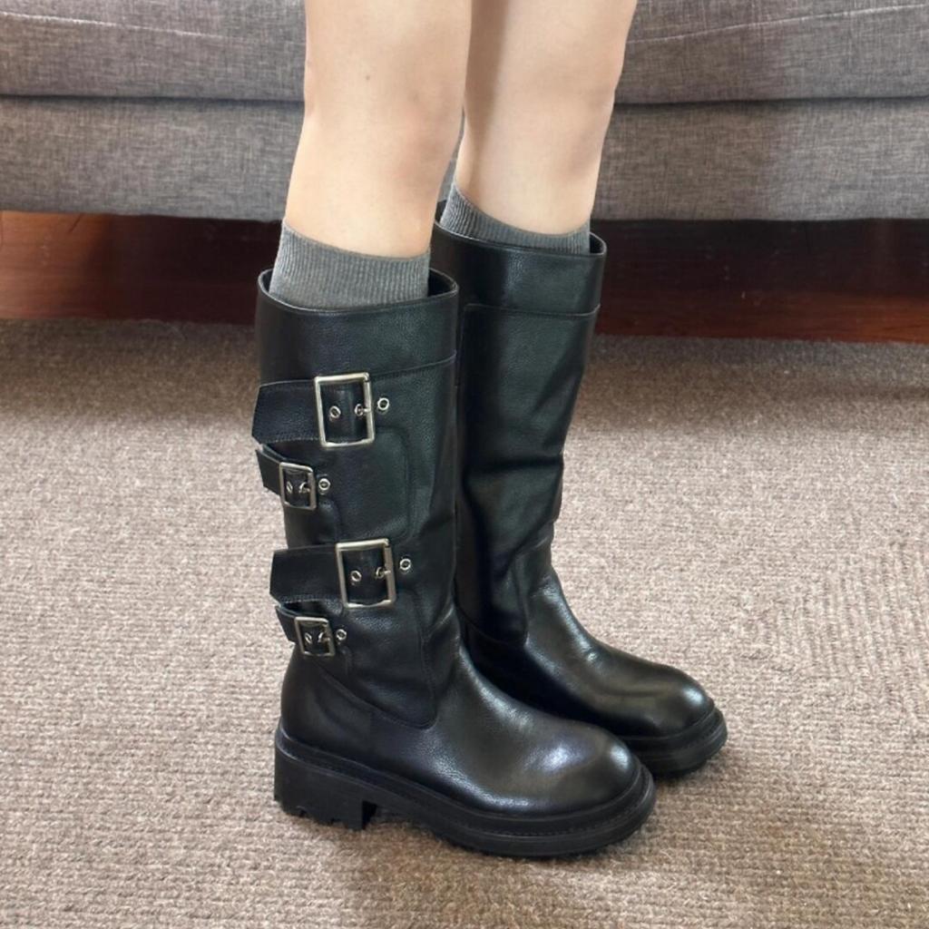 Retro round head versatile thick-soled knight boots femininity Maillard belt buckle heightened thick heel big tube circumference boots