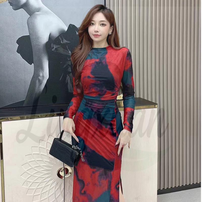 

French Ink Gradient Pleated Waist-Cinched High-Slit Bodycon Dress Small
