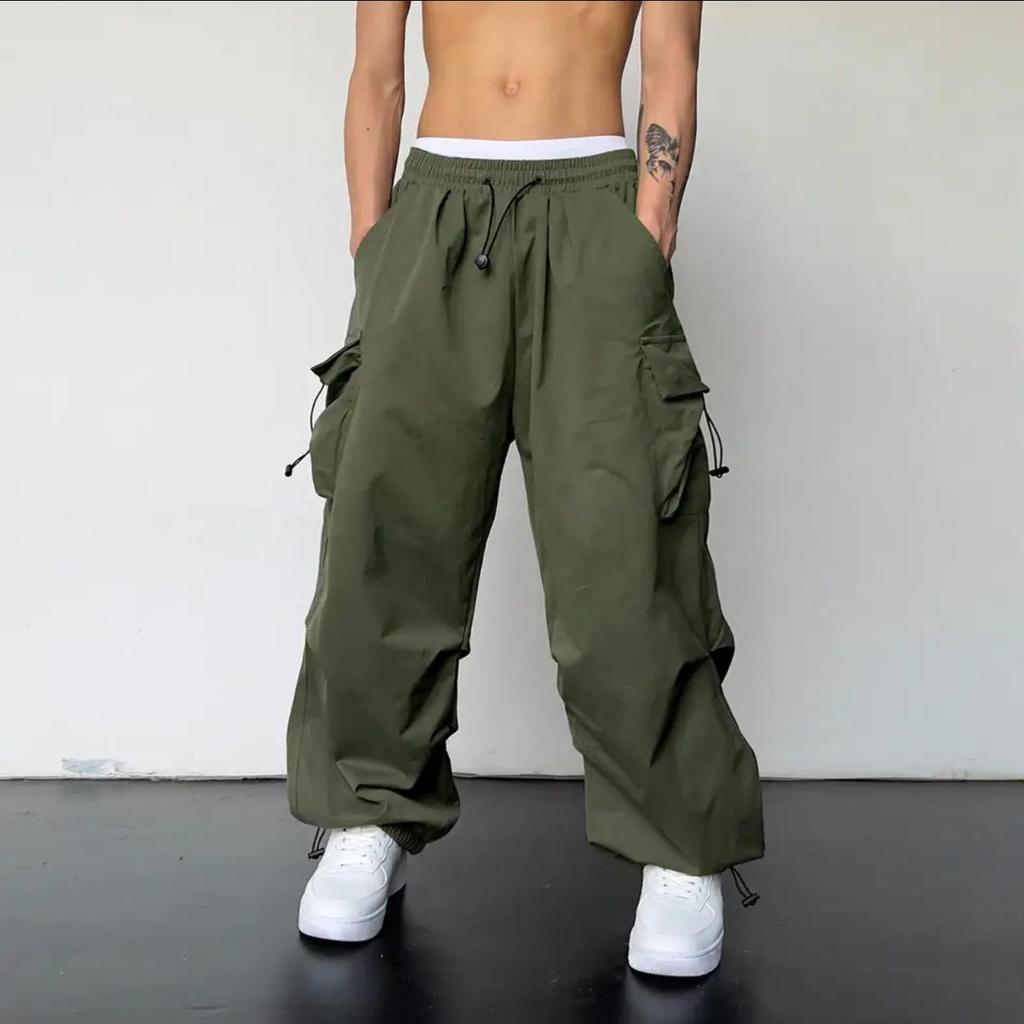 American Style Men's Workwear Casual Wide-Leg Pants with Drawstring and Cuffed Hem