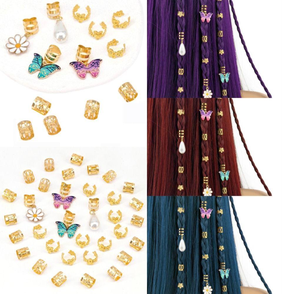34pcs Butterfly Hollow Out Hair Ring Dread Locks Hair Braid Tubes Gold Dreadlocks Beads  Women