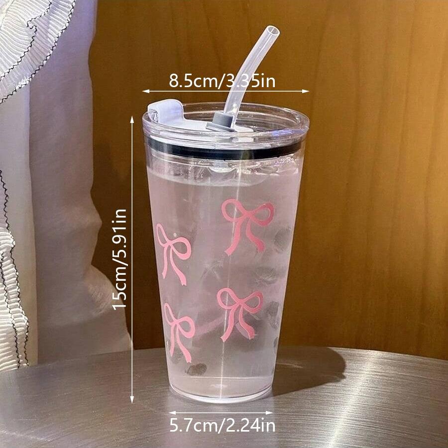 1/2/3pcs 450ml Pink Bow Plastic Cup With Straw And Lid Transparent Milk Coffee Drink Mug Household Travel Ins Water Drinking Cup