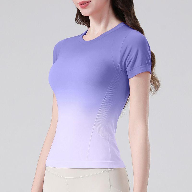 

Градиентная одежда для йоги, спортивная футболка с коротким рукавом, легкая облегающая беговая женская быстросохнущая дышащая футболка с круглым вырезом для тренировок на открытом воздухе BRIGHT PURPLE XL