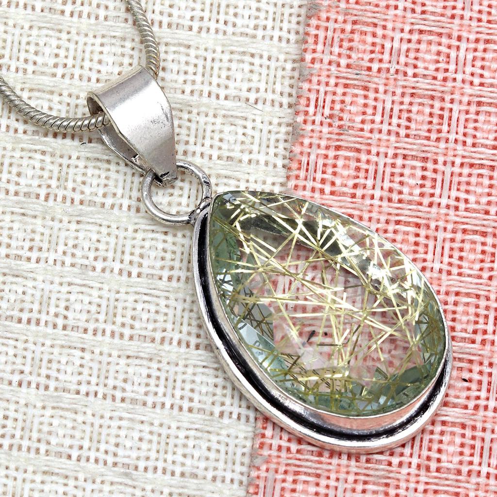 Rutile  Golden Set Earring Jewelry 18-20'' Pendant Quartz Sterling