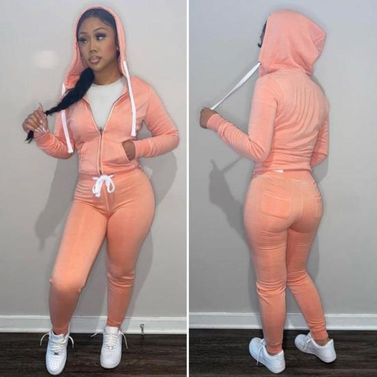 2Pcs Winter Women Tracksuit Set Fleece Lining Hooded Sweatshirt Coat with Long Sleeves Pockets Zipper Placket Elastic Waist Jogging Fall Solid Color