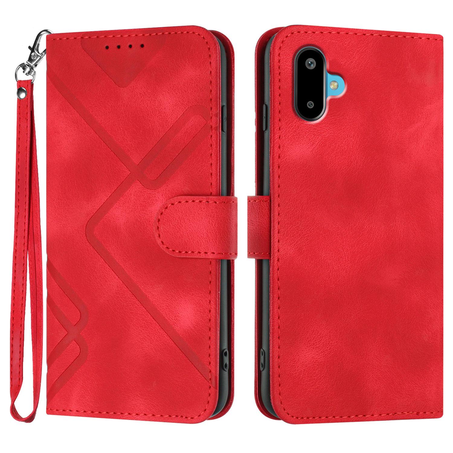 

For Samsung Galaxy M06 5G/Galaxy F06 5G Wallet Case Line Imprinted PU Leather Phone Cover with Strap Red