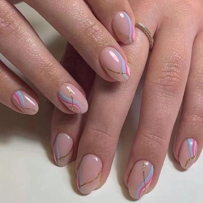 24 peças de unha curta rosa azul roxo emenda ondulado adesivo de unha removível unha pedaço de unha glitter dourado unha pedaço