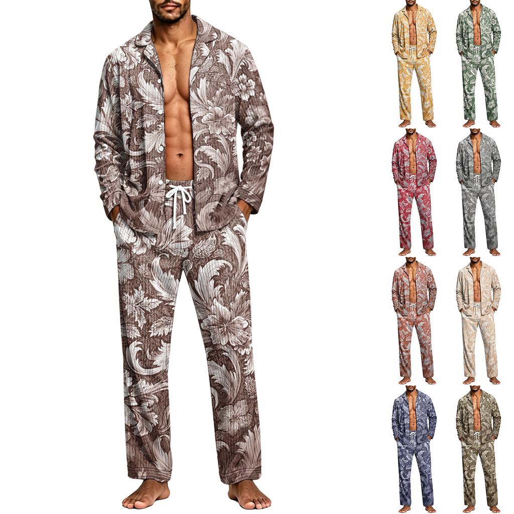 Men's Corduroy Pajama Set - Printed Button Collar Long Sleeve Loose Fit Casual Sleepwear