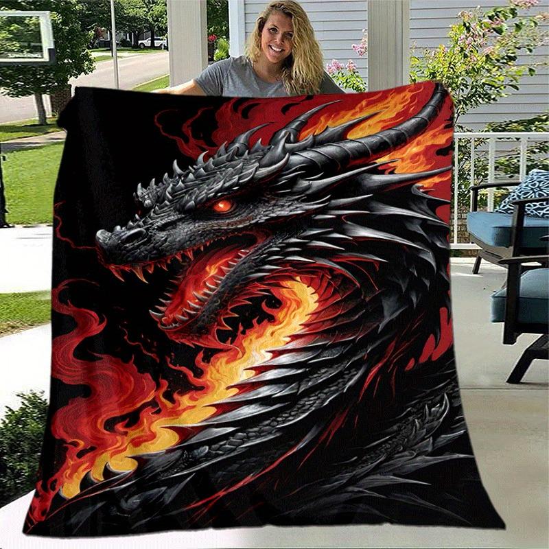 1pc Dragon Flame Printing Lightweight Flannel Blanket, Comfortable and Warm Blanket, for Camping Sofa Bed and Couch Office, Gift