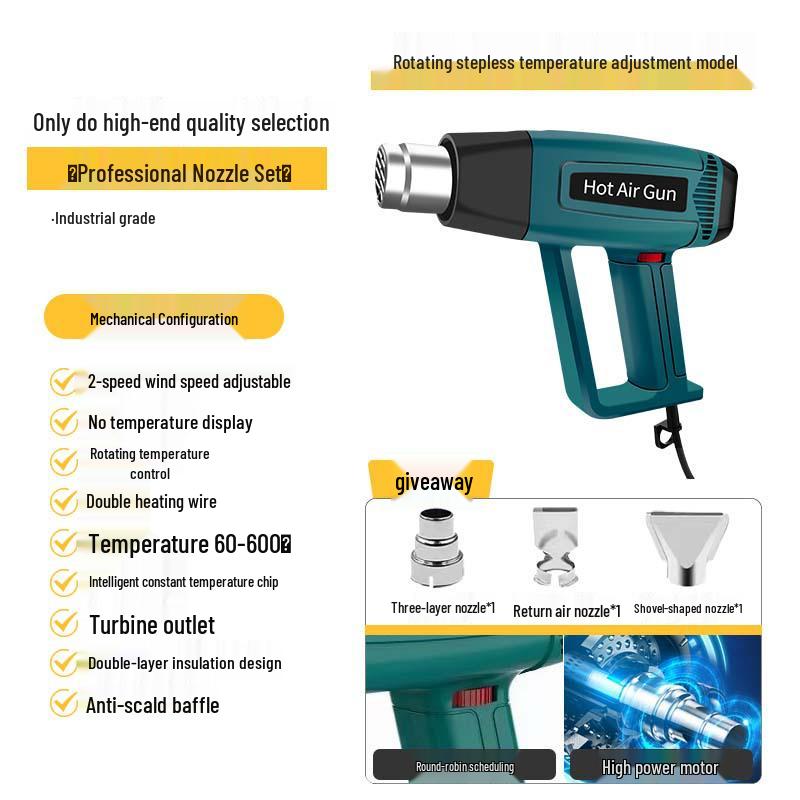 Industrial High-Power Hot Air Gun for Film Application, Seam Filling, Heat Shrink, and Hot Melt with Powerful Heating.