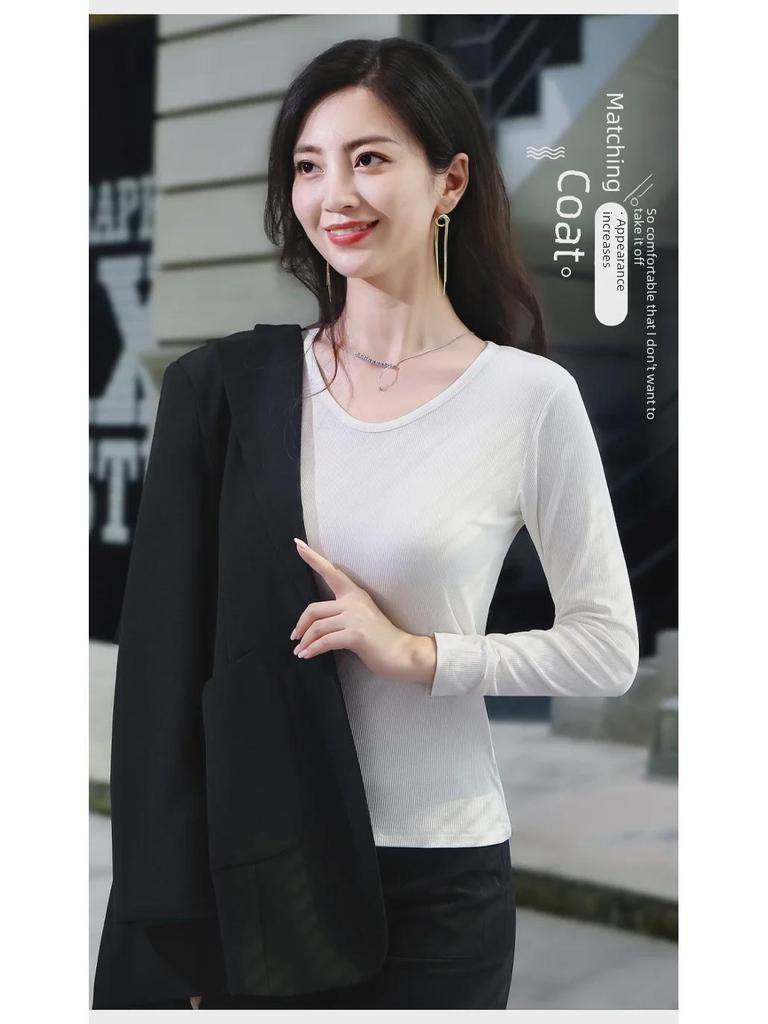 2025 Slim V-Neck Ribbed Long-Sleeve Top - Versatile Solid Color for Women's Layering