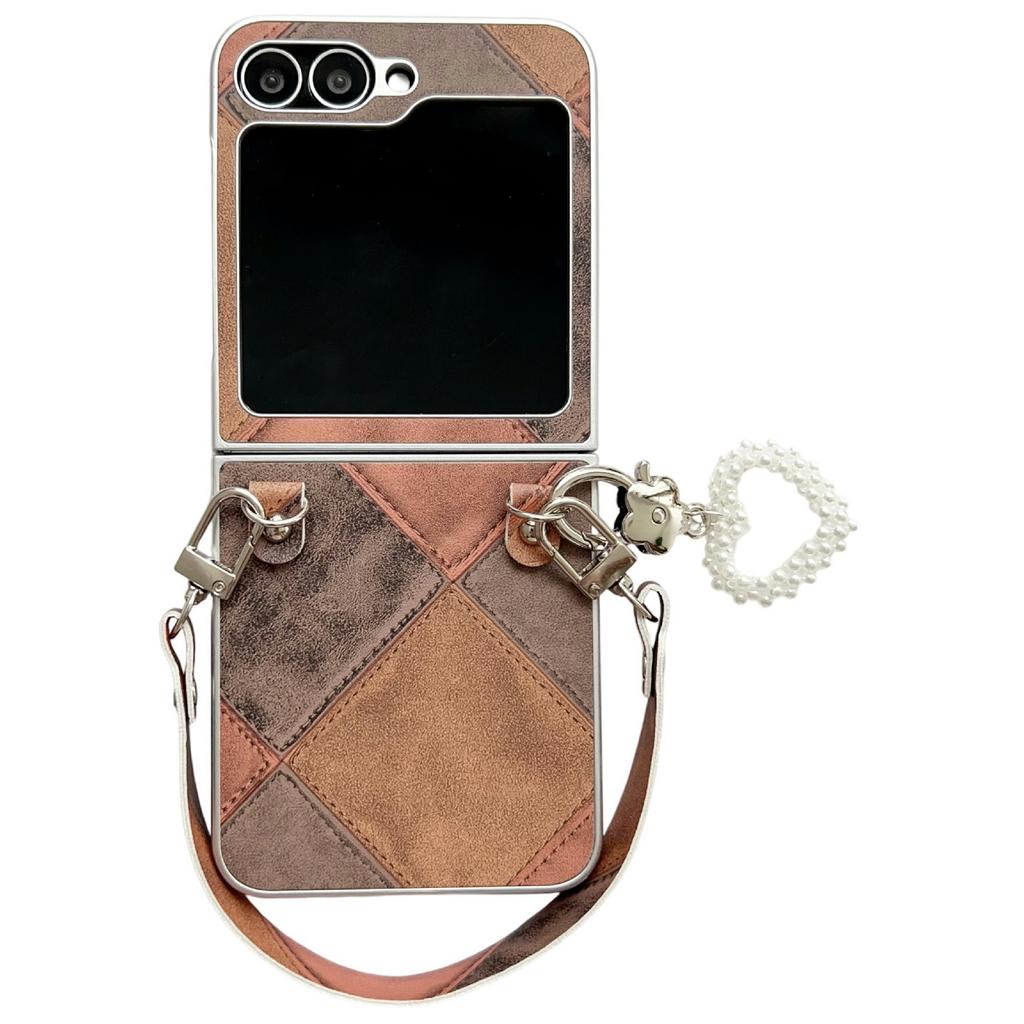For Samsung Galaxy Z Flip5 5G Case Retro Rhombus PU+PC Phone Cover with Love Pendant and Strap