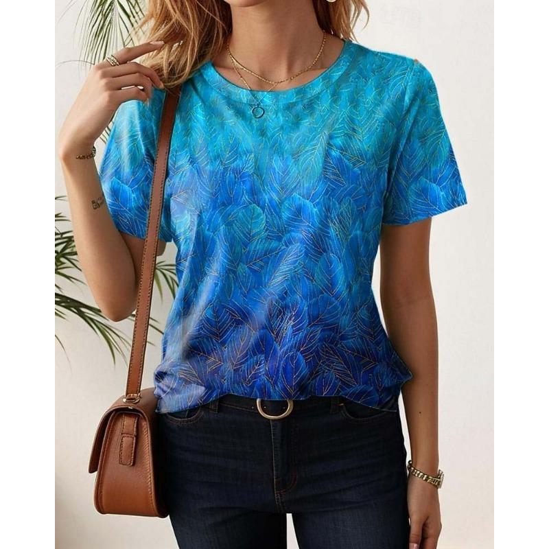 Women s T Shirt Print Floral Casual Short Sleeve Round Neck Regular Tops S