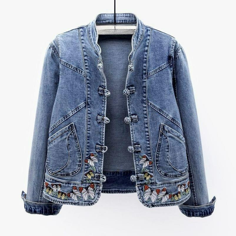 

Spring and Autumn Denim Jacket Women s Short All-match Retro Chinese Style Embroidered Stretch Jacket Slim Top Trend 3XL