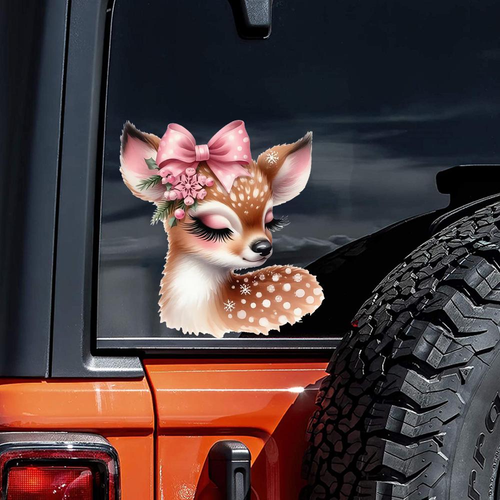 QT2405#15cm Cute Deer Sticker with Pink Bow - Holiday Decor, Durable Vinyl, Perfect for Motorcycles, Cars, Trucks, Laptops