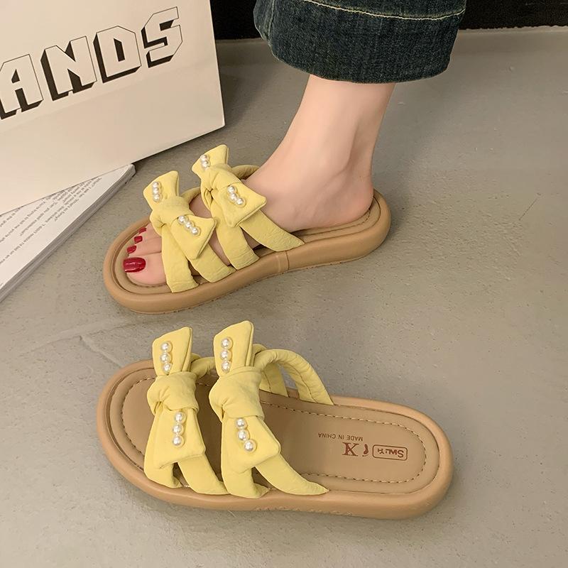 Bow one-word drag women's summer wear 2025 new with skirt flat heel not tired foot slippers