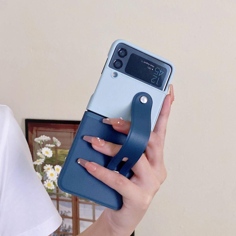 For Samsung Galaxy Z Flip 4 3 Case Luxury Contrasting Colors Leather Retractable Wrist Strap Folding Shockproof Protection Cover