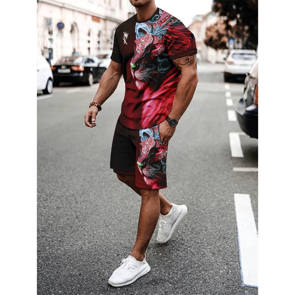 New Stitching Printed Men's Suit Summer Round Neck Short Sleeve Top And Casual Shorts Fashion Street Style Two-Piece Set