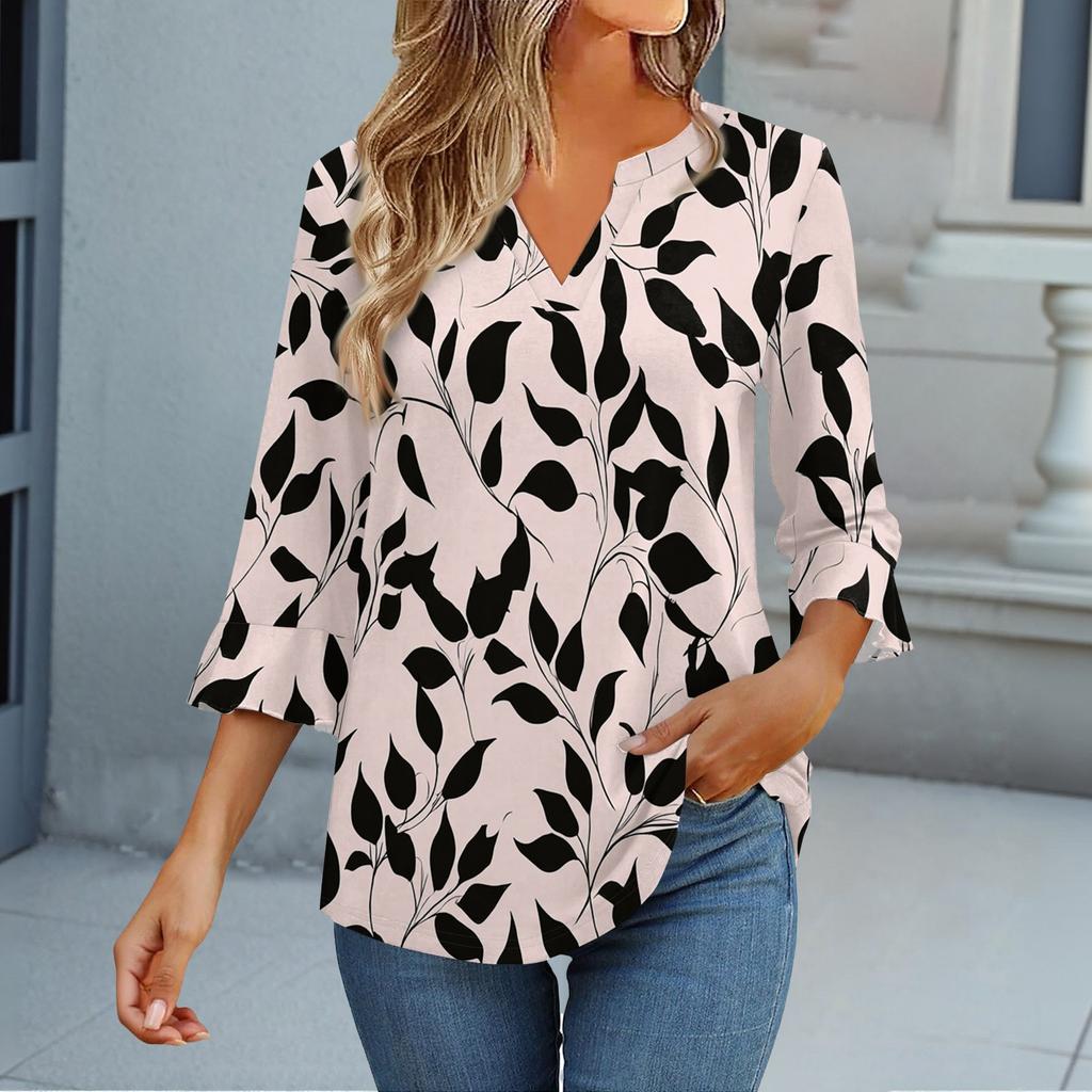 3/4 Sleeve Tops For Women T-Shirt Casual Flared Sleeves Print Tunic V Neck Pullover Blouse