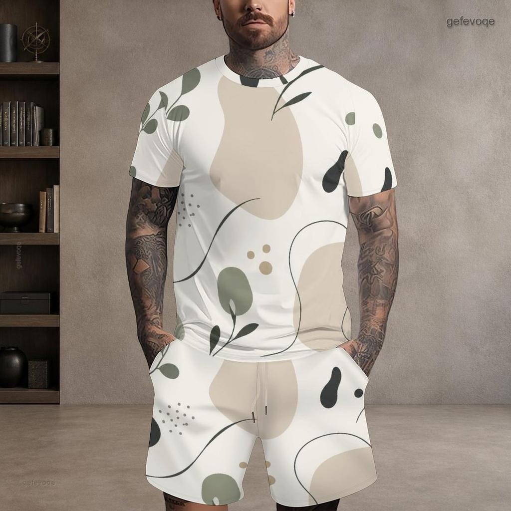 Men Plus Size Printed Round Neck Short Sleeve Top Drawstring Pocket Shorts Two Piece Set