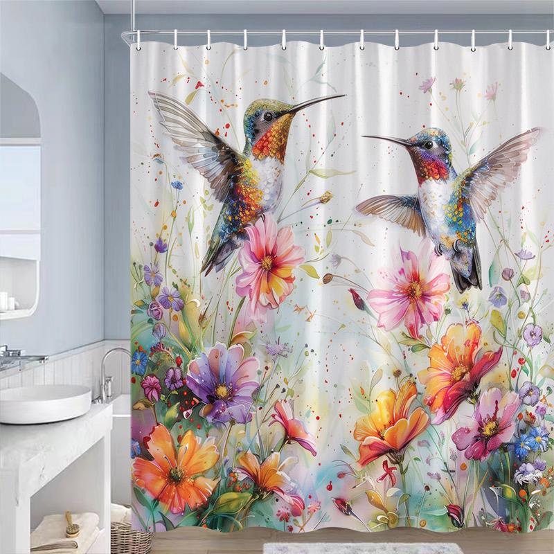 

Purple Floral Hummingbird Shower Curtains Butterfly Birds Flowers Plant Modern Polyester Home Bathroom Curtain Decor with Hooks 90x180cm-35x70in