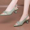 Sandals for Woman Green Footwear Open Toe Diamond Leather Summer 2026 with Medium Heels Women's Shoes Outdoor Office Work Trend