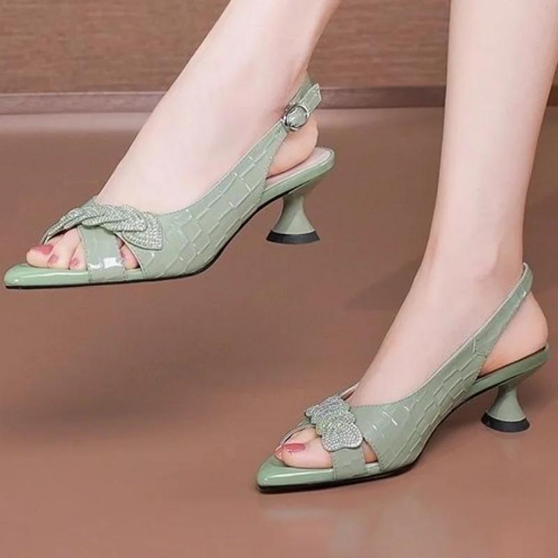 Sandals for Woman Green Footwear Open Toe Diamond Leather Summer 2026 with Medium Heels Women's Shoes Outdoor Office Work Trend