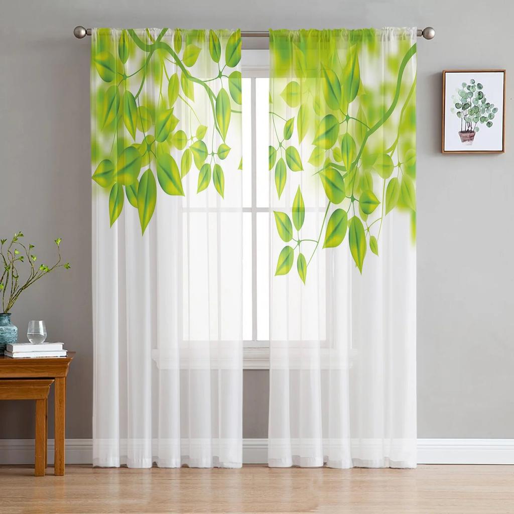 Tropical Green Plant Leaves Sheer Curtains For Living Room Bedroom Tulle Curtains Kitchen Window Treatments Panel Drapes