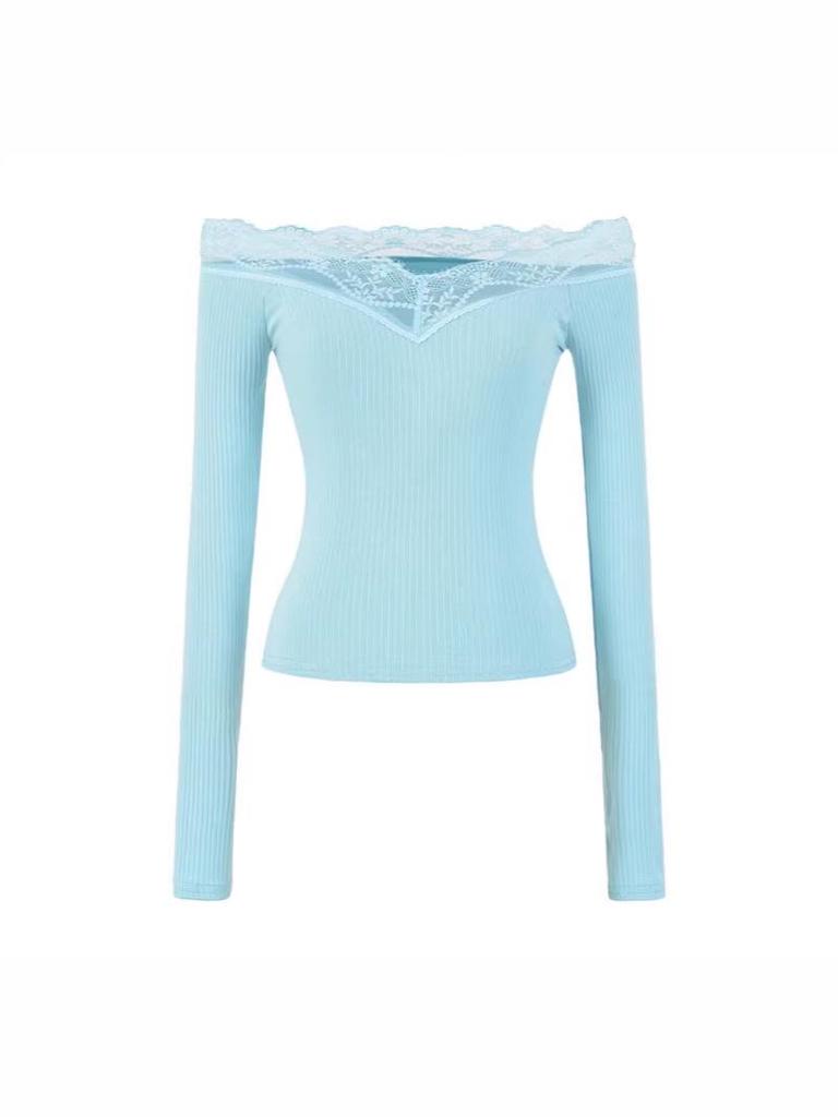 Spicy Lace Off-Shoulder Crop Top: Women's One-Shoulder Long-Sleeve, Waist-Cinching, Sexy Style.