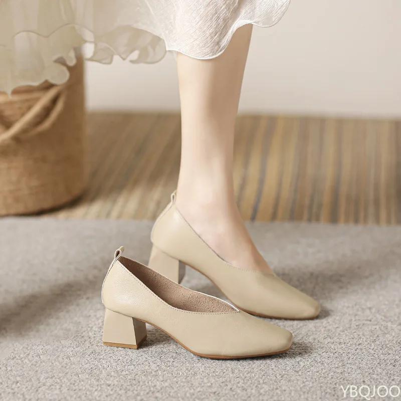 2025 New Soft Leather Shoes Solid Color Comfortable Female High Heels Elegant Square Toe Shoes Minimalist Women's Pumps
