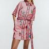 2026 Womens Printed Wrap Tie Neck A-Line Mini Dress High Waist Short Sleeve Elegant Office Casual