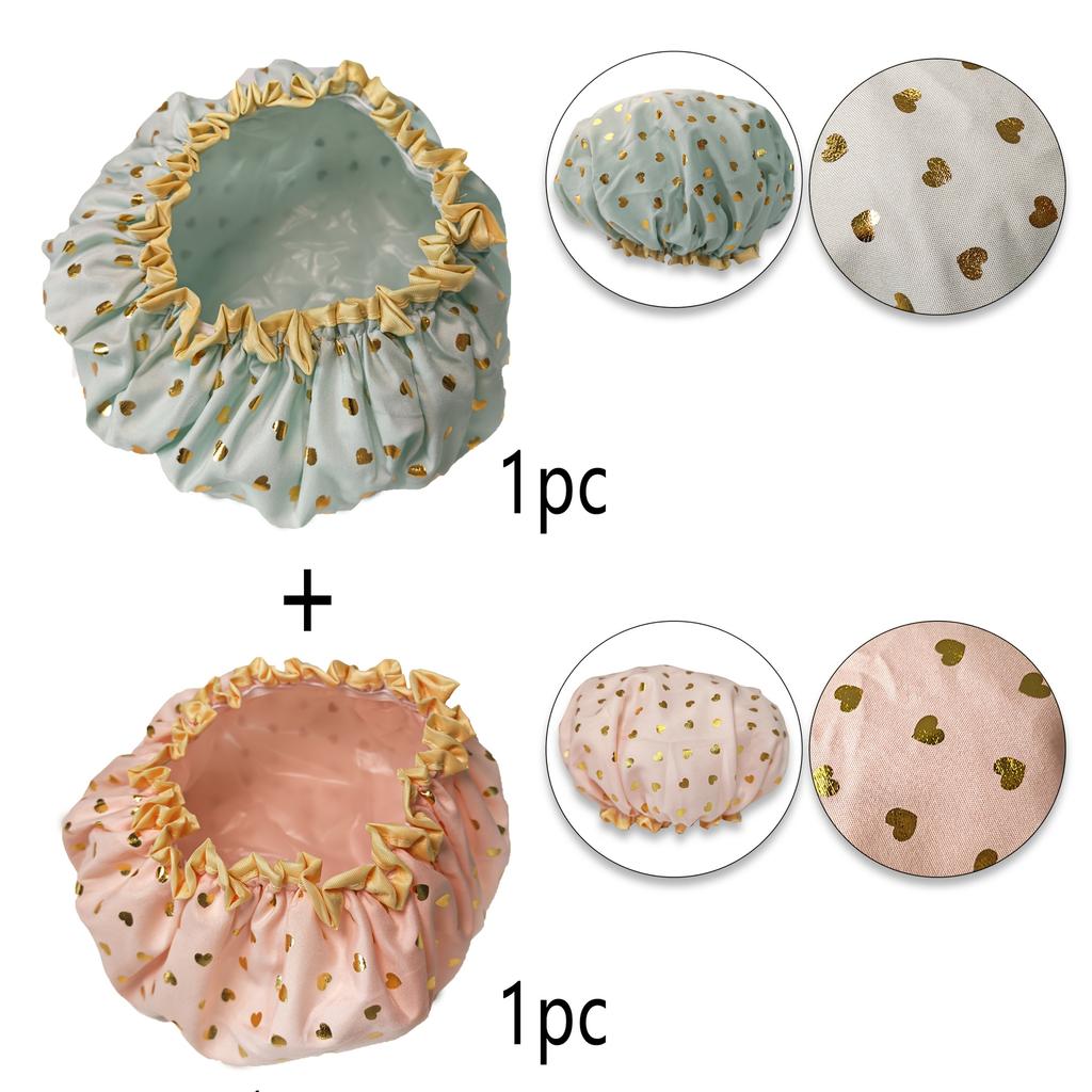 2Pcs Double-Layer Shower Caps, Gold Foil Printed, Soft Stretch Reusable Waterproof Caps for Bathroom and Daily Use
