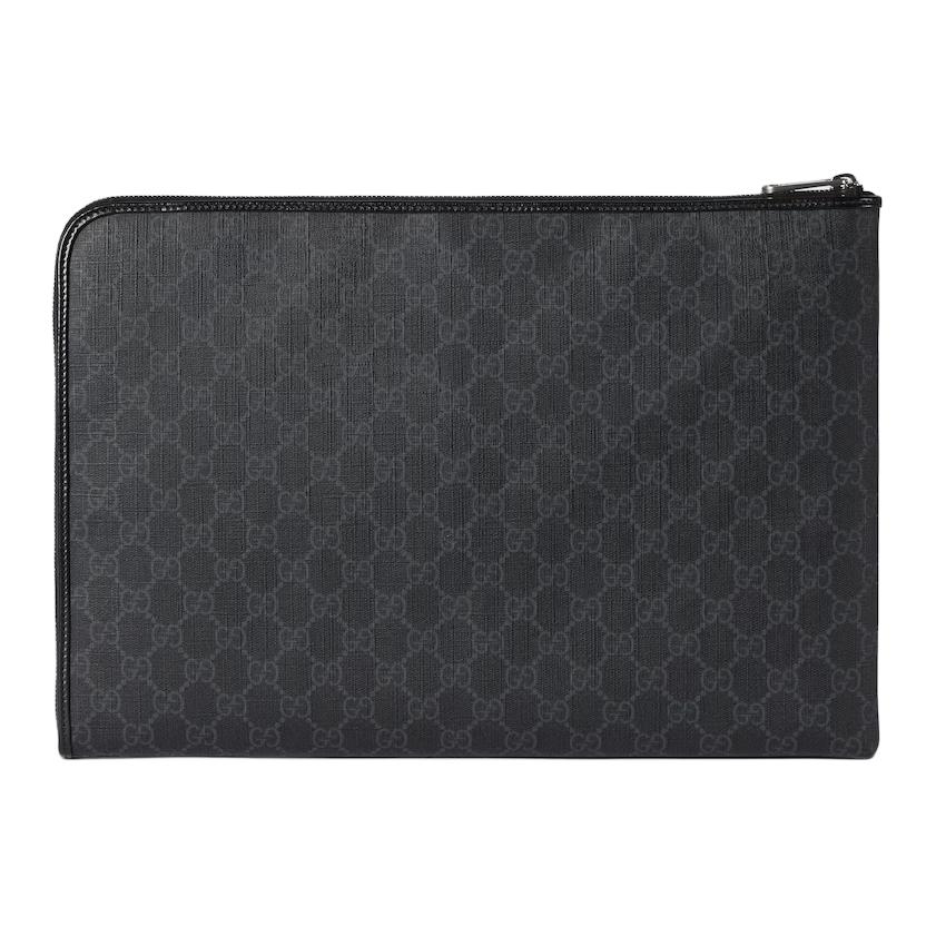 Gucci Interlocking G Detail Canvas And Leather Clutch Bag Unisex Handbags Black 792117-92TCF-1000