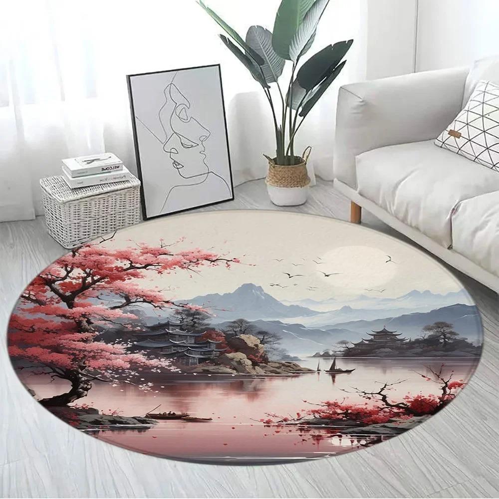 Japanese Style Round Carpet Ink Art Style Living Room Decorative Mat Floor Mat Mountain Landscape Cherry Blossom Other Elements