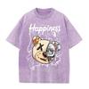 2026 Vintage Washed Beige Mechanical Bear Happiness Letter Graphic T Shirt Street Graffiti Print Oversized Casual Short Sleeve T