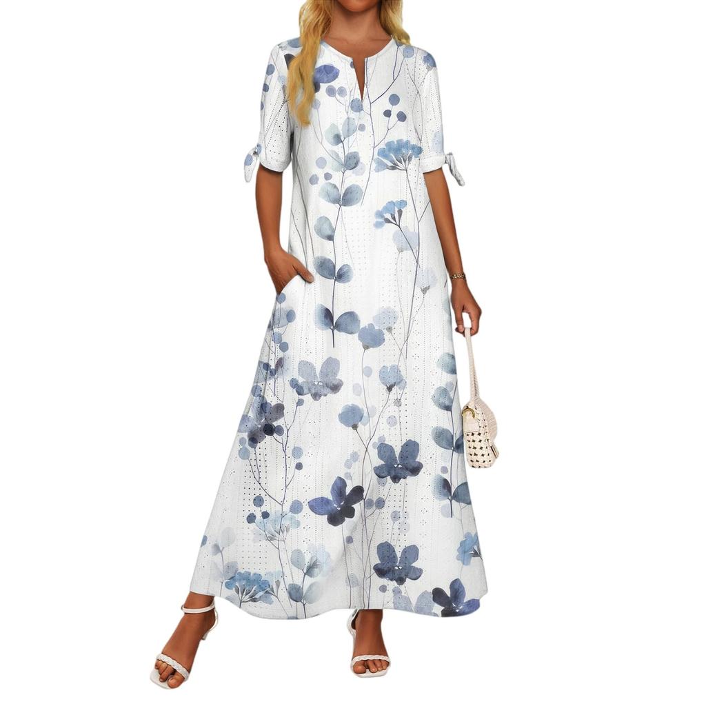 Ladies Casual Fashion Temperament Elegant Waist Patchwork Print Long Dress