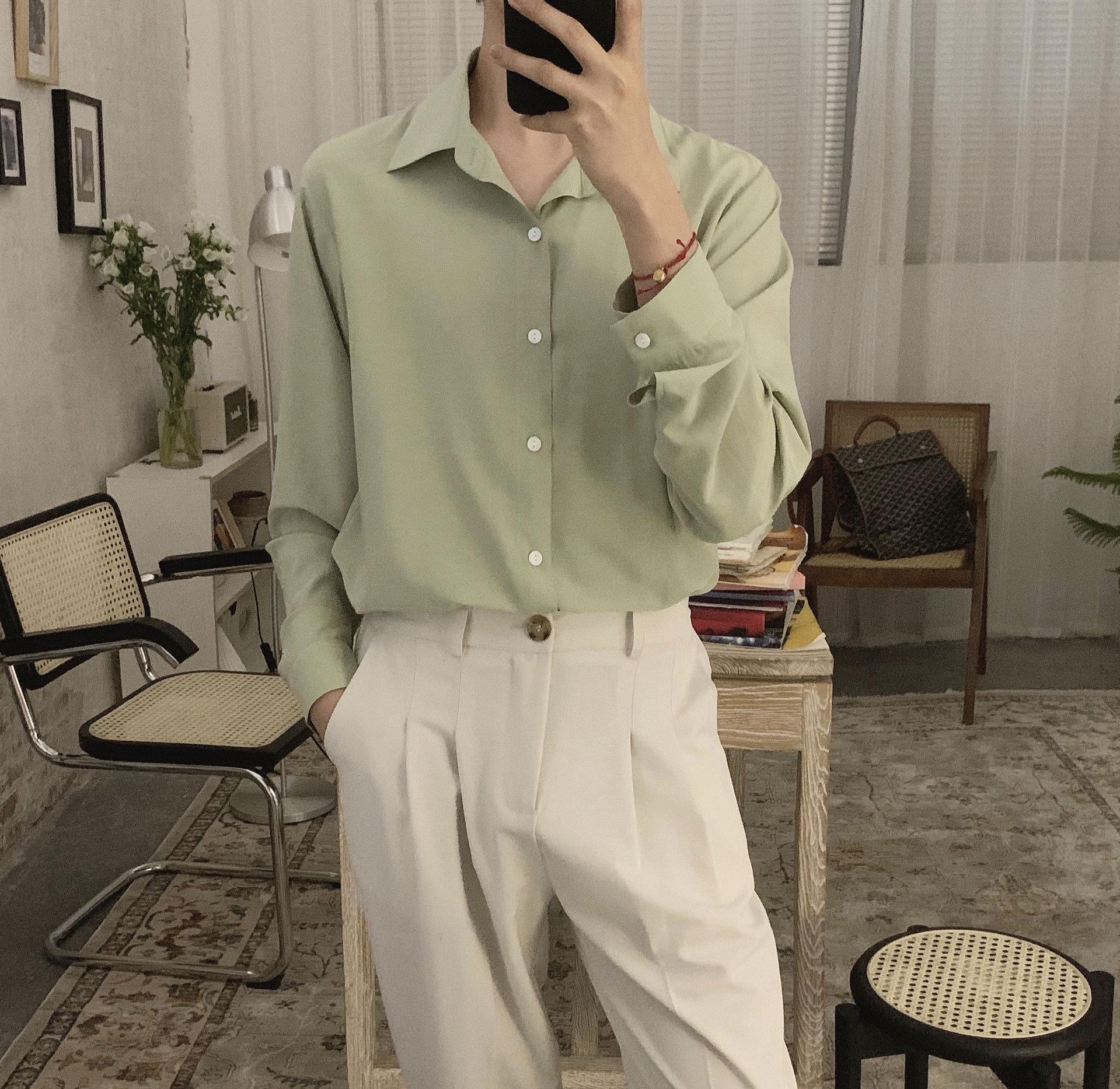 

Мужская рубашка Slim Fit Mint Green с длинным рукавом в корейском стиле - Летняя защита от солнца, модный стиль 2023 года M зелёный