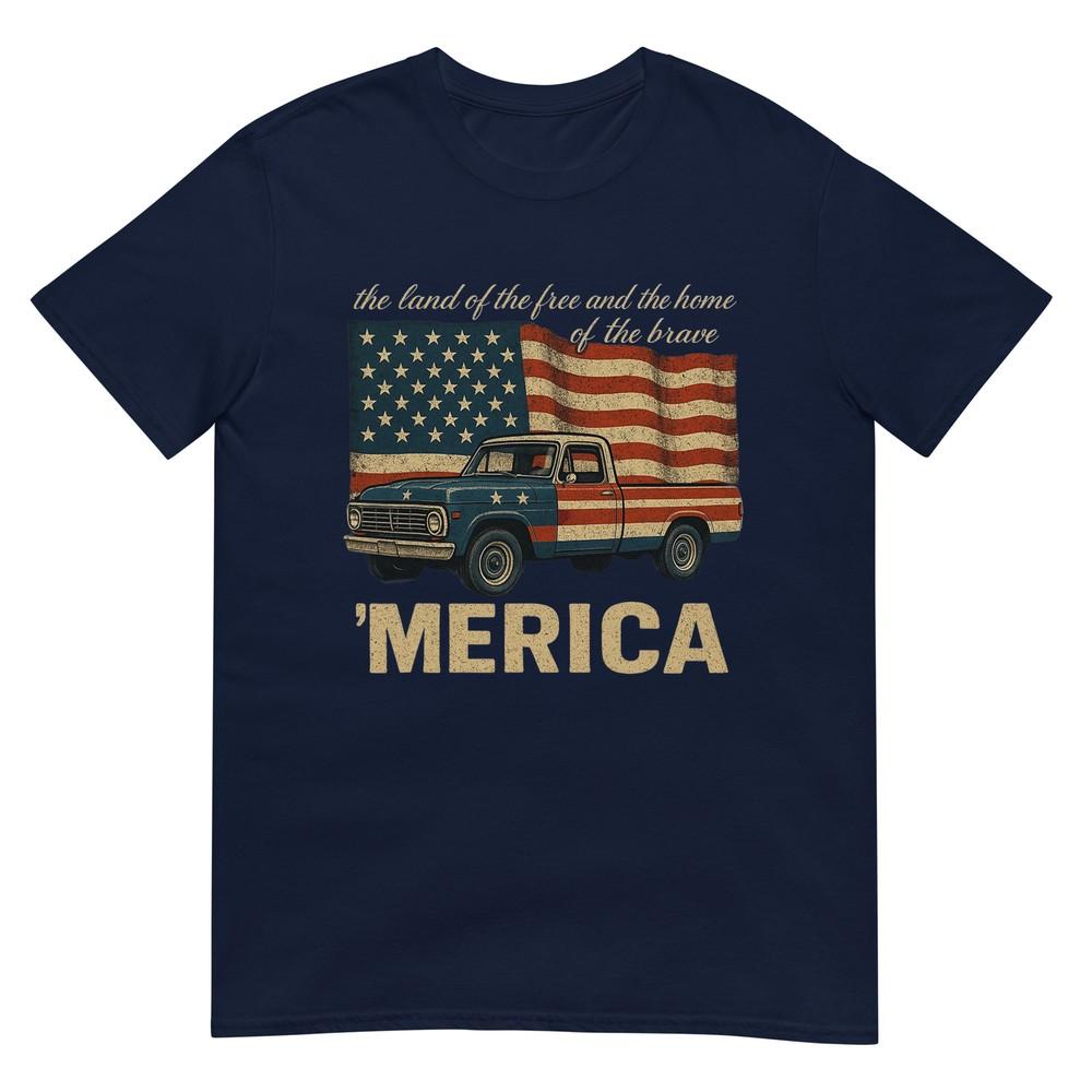 Vintage Truck Merica American Flag Usa 4th Of July Tshirt S