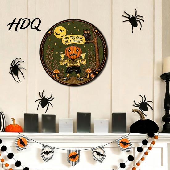 Halloween Theme Wall Art Retro Sign Round Metal Decorative Vintage Illustration Sign Rustic Decor for Living Room Party Decoration Nostalgic Hanging