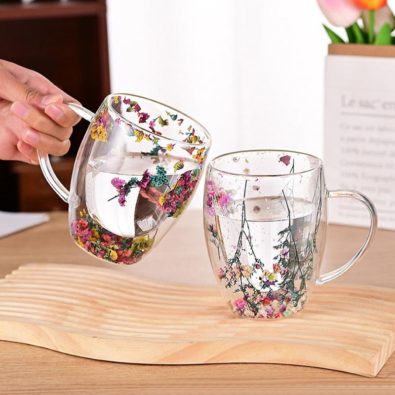 Tazza in Vetro Doppio Strato con Fiori Secchi, Tazze da Caffè con Fiori