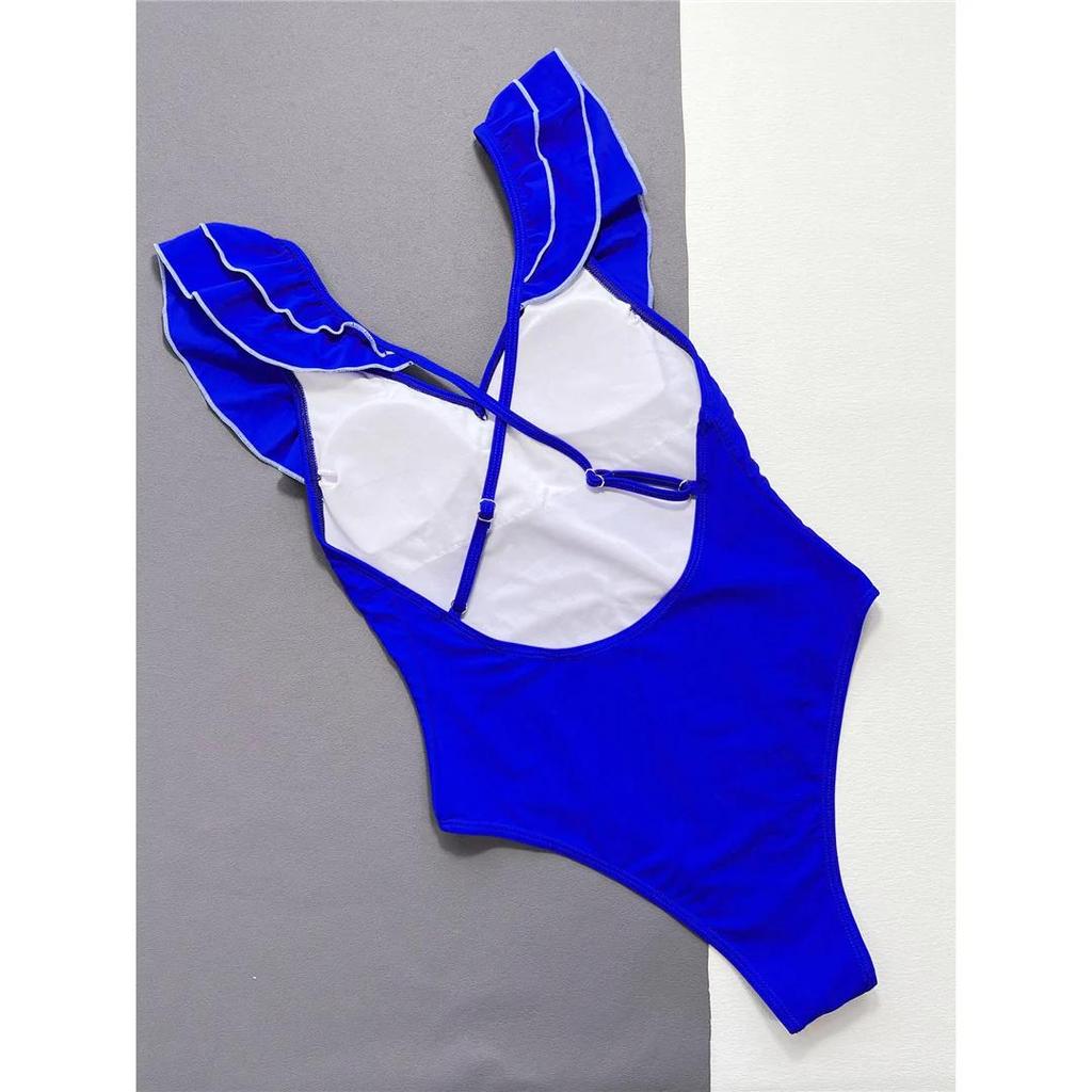 Costume da bagno intero con volant e scollo a V incrociato sul retro da donna, costumi da bagno femminili, monokini, taglio sgambato, costume da bagno