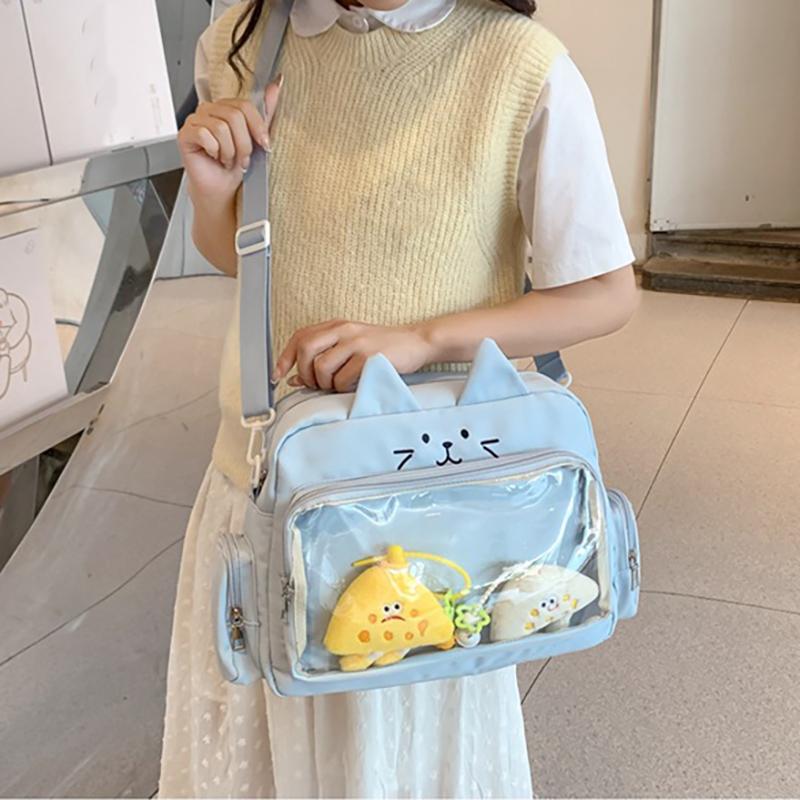 Roztomilá průhledná taška přes rameno s kočkou Velkokapacitní studentská crossbody taška Anime plátěná taška