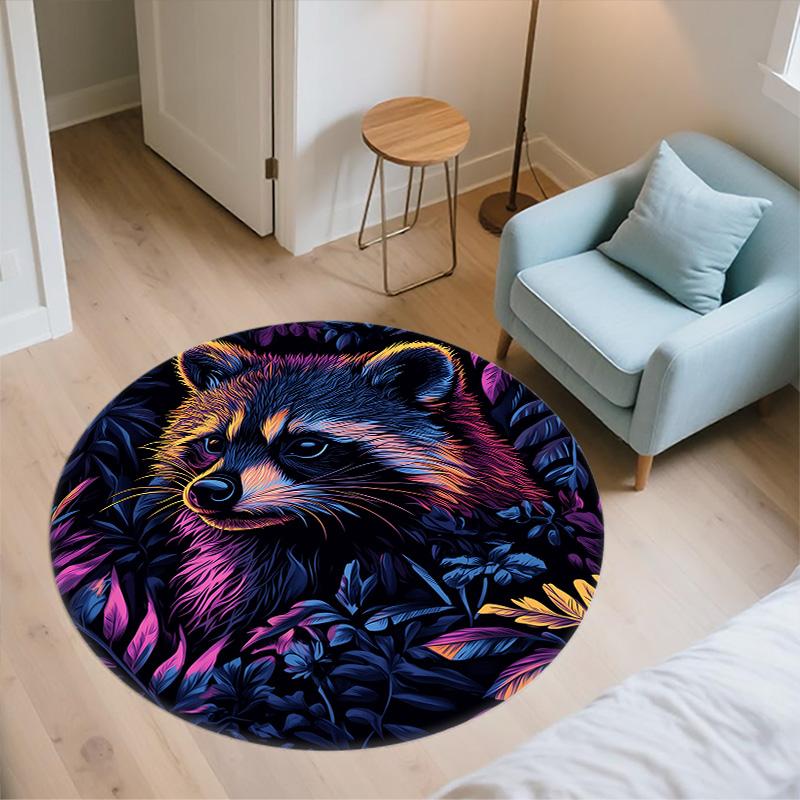 Colorful Raccoon,Round Area Rug,Carpet Rug for Living Room Bedroom Sofa Playroom Decor,Non-slip Floor Mat
