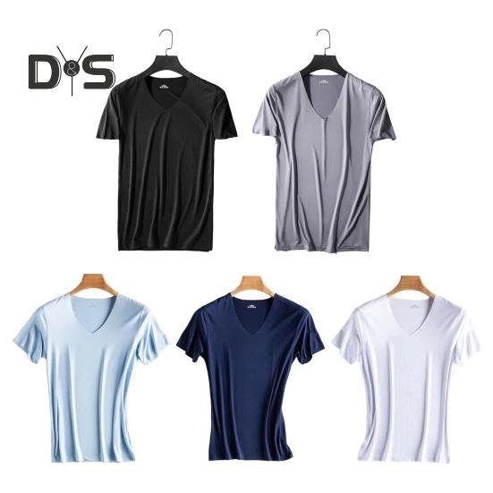 Men Summer T-shirt V Neck Thin Ice Silk Solid Color Thin Stretchy Pullover Mid Length Sweat Absorption Quick-drying Sport Fitness Top
