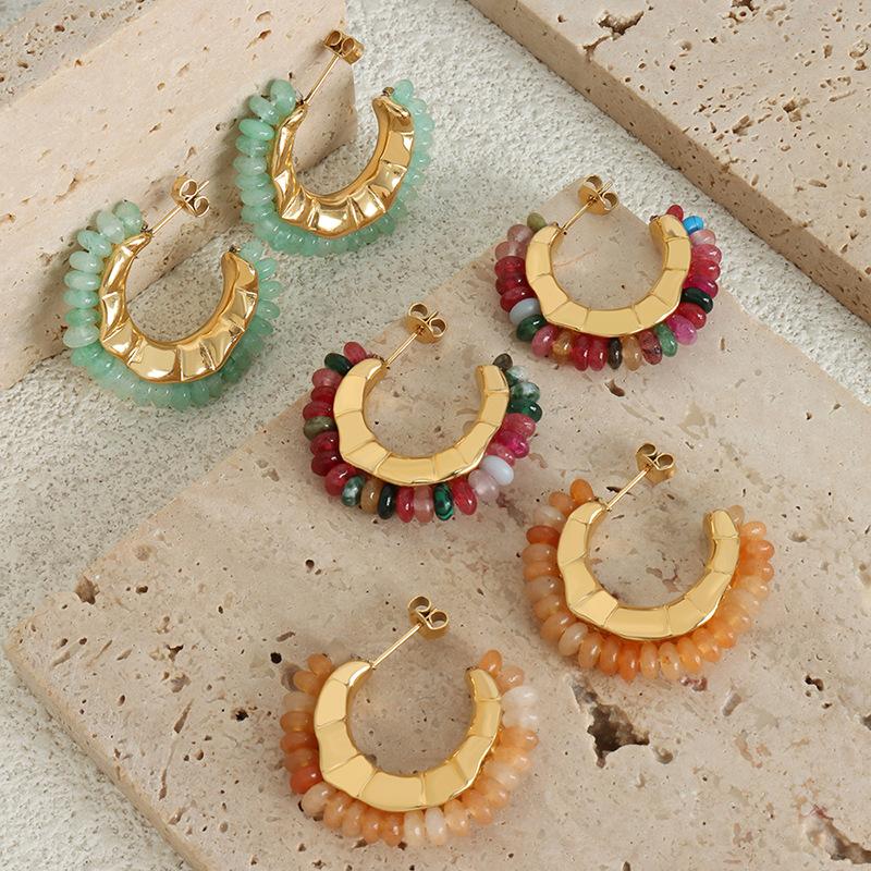 Natural Stone Earrings Stainless Steel Bohemia Hoop Earrings Vintage Aesthetic Multi Color Exquisite Zircon Women