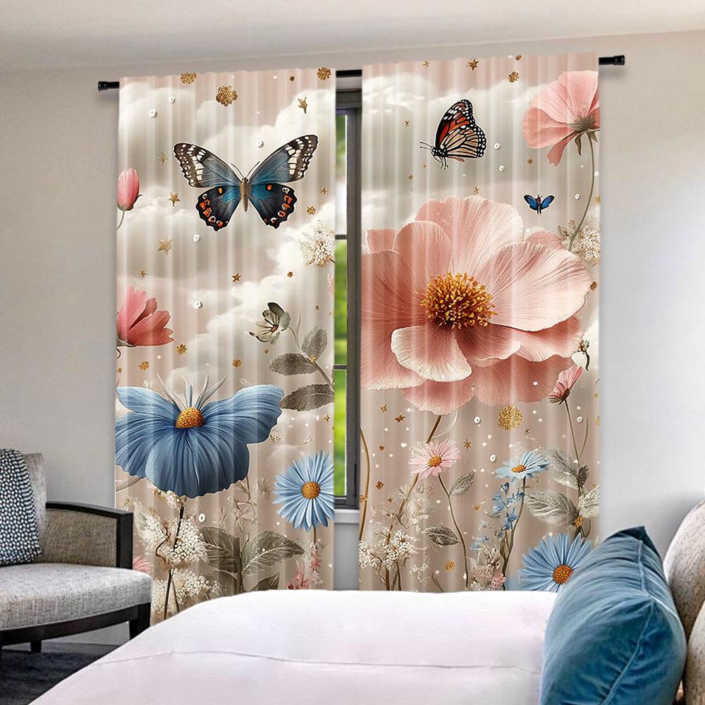 2Pcs Floral Curtain Spring Flowery Efflorescent Garden With Petals And Butterflies For Living Room Bedroom And Dining Room