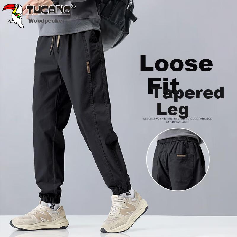 TUCANO Men's Pants, Spring Tapered Casual Trousers, Loose-Fitting Sweatpants, Trendy Versatile Cargo Pants, Black, XL