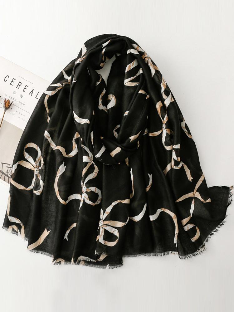 Elegant Women Cotton Linen Silk Scarf Wrap Shawl Sweet Bow Print Ladies Sunscreen Bandanas Hijab Mujer Scarve Pareo Casual New