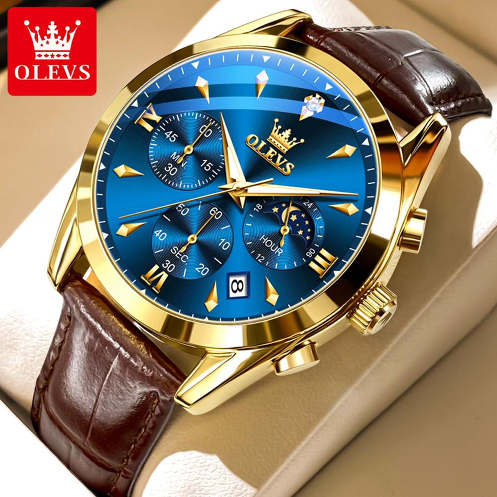 OLEVS Moon Phase Chronograph Man Watch Leather Strap Waterproof Luminous Luxury Brand Original Quartz Wrist Watches for Men 3609